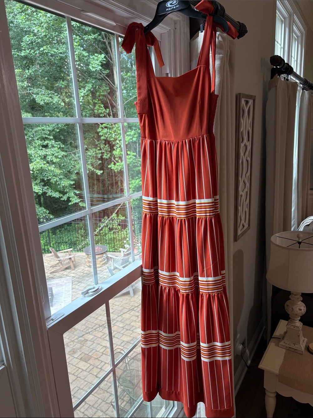 Tie-Shoulder Rust Stripe Maxi Dress